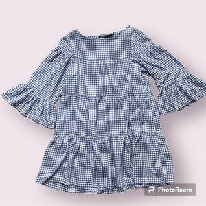 Zara‎ Blue White Gingham Long Sleeve Bell Sleeve Tiered Mini Dress XS Summer